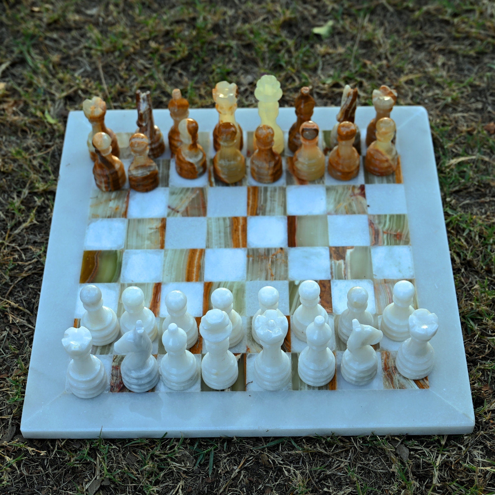 White and Green Onyx Marble Chess Set 12 Inches - Beautiful Handmade