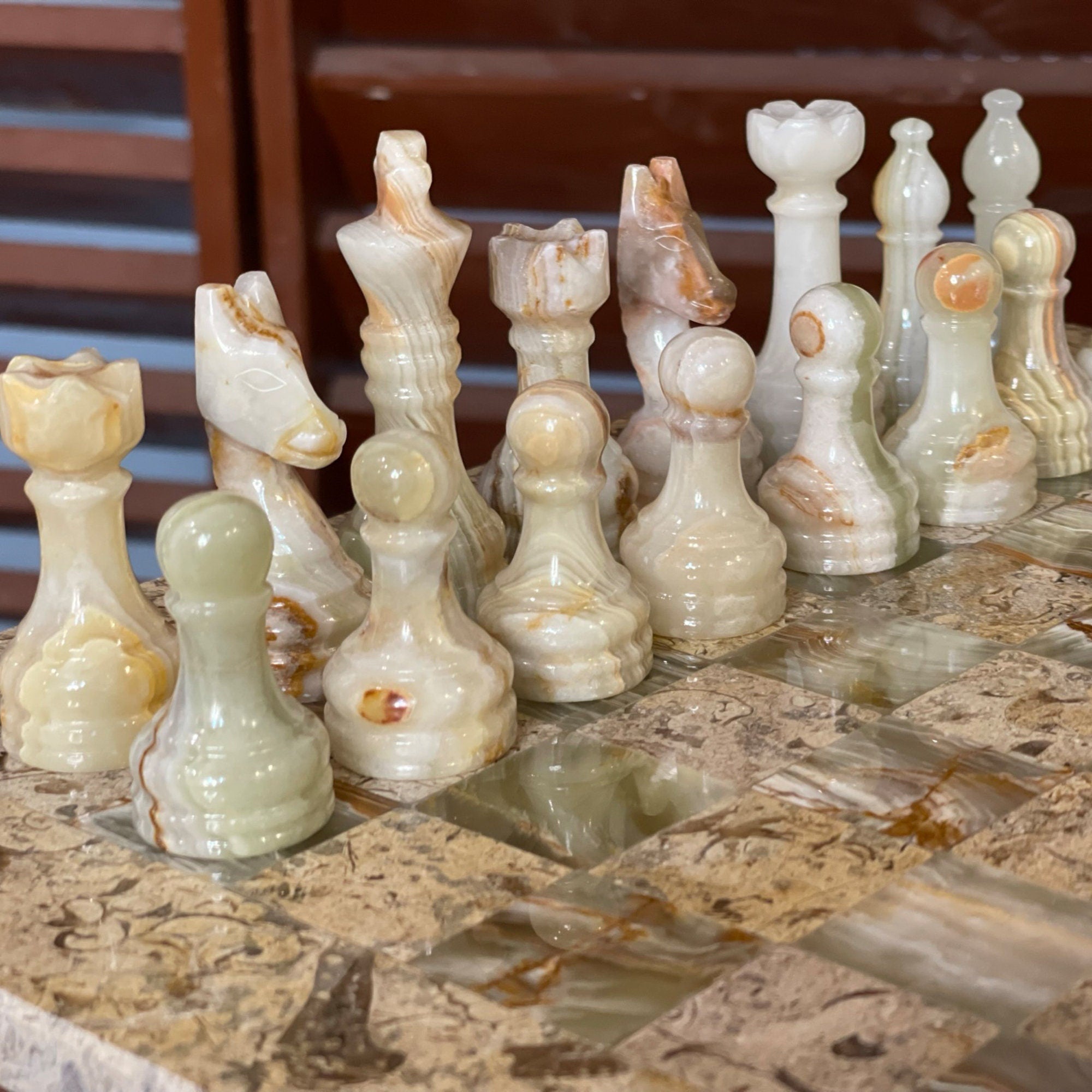 Coral Green Onyx Marble Chess Set 12 Inches - High Quality Handmade