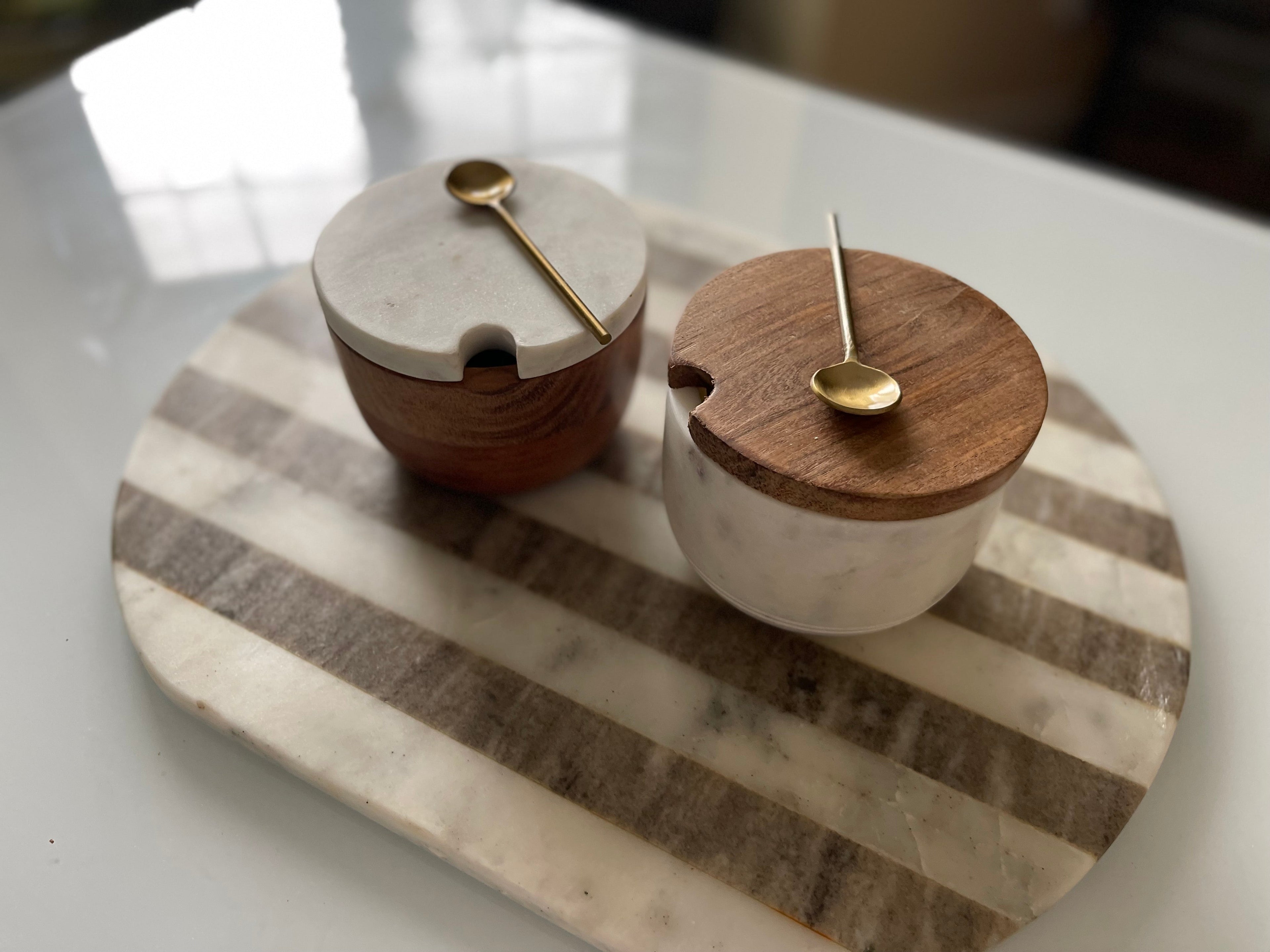Marble salt cellar set with lid and spoon
