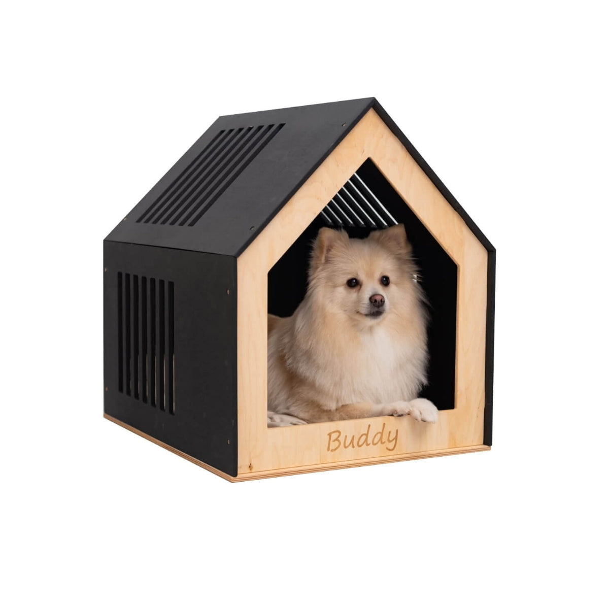 Large wooden indoor dog house detail