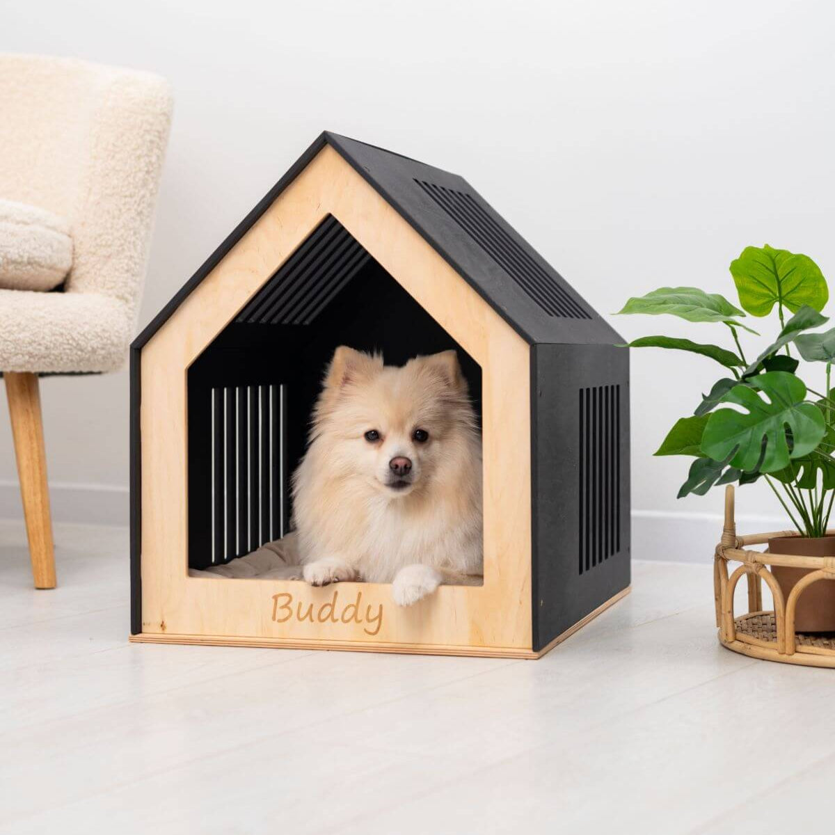 Wooden indoor dog house lifestyle view