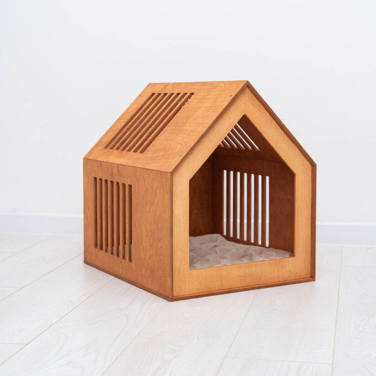 Indoor wooden dog house interior view
