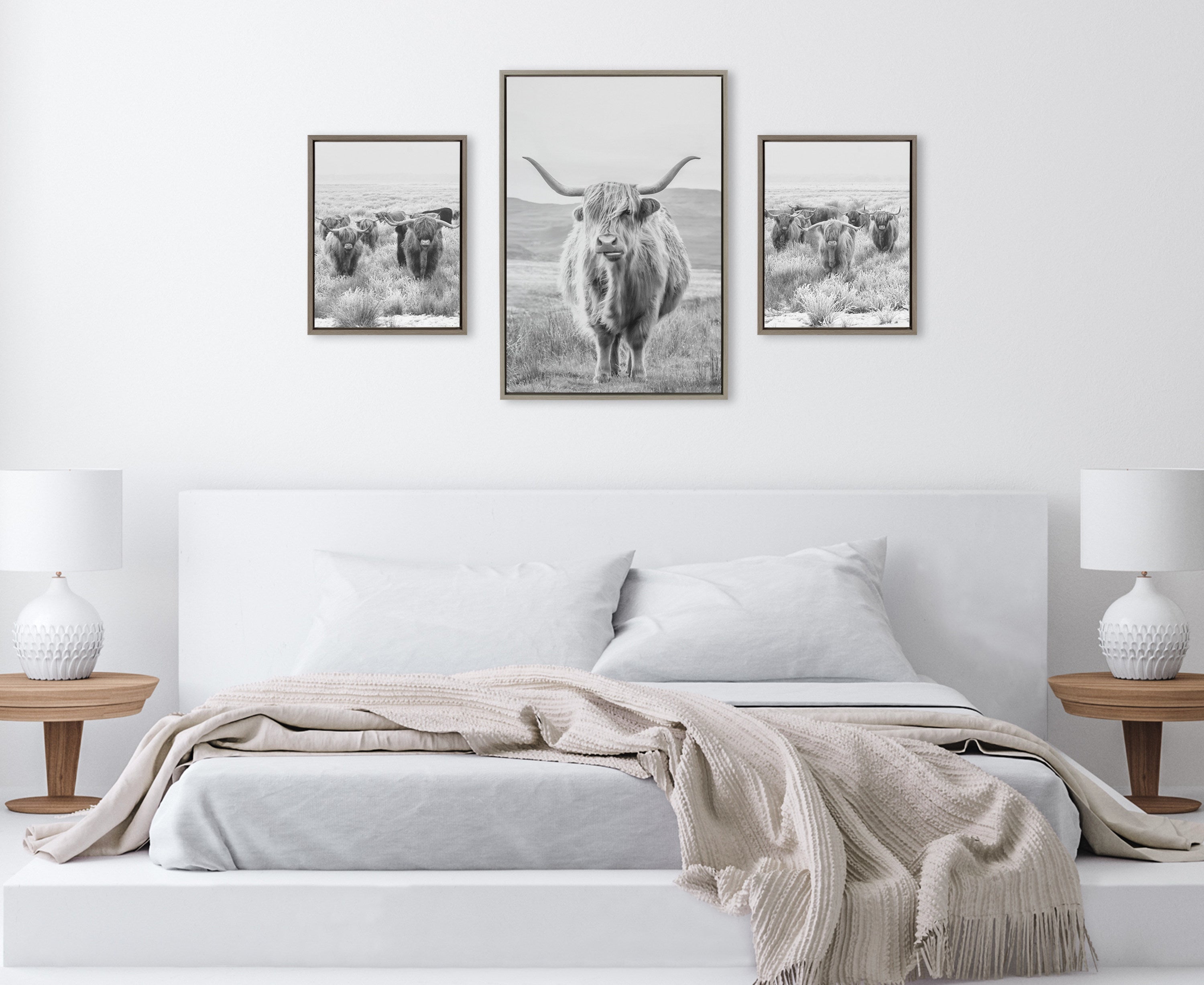 Sylvie Highland Cows Black & White 3-Piece Framed Canvas Art Set
