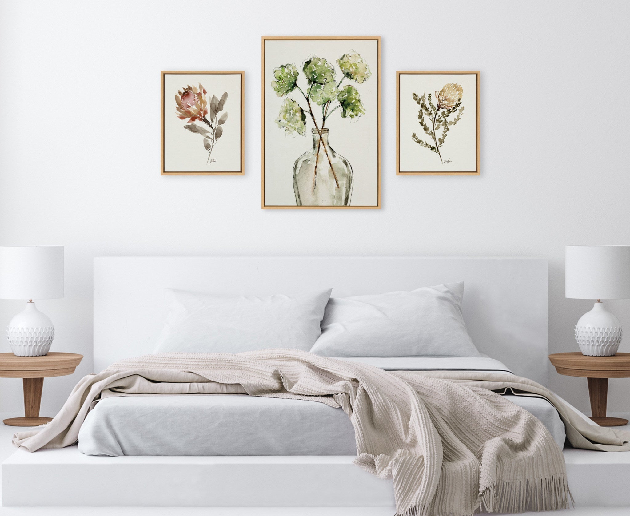 Sylvie Greenery Vase & Protea 3-Piece Framed Canvas Art Set