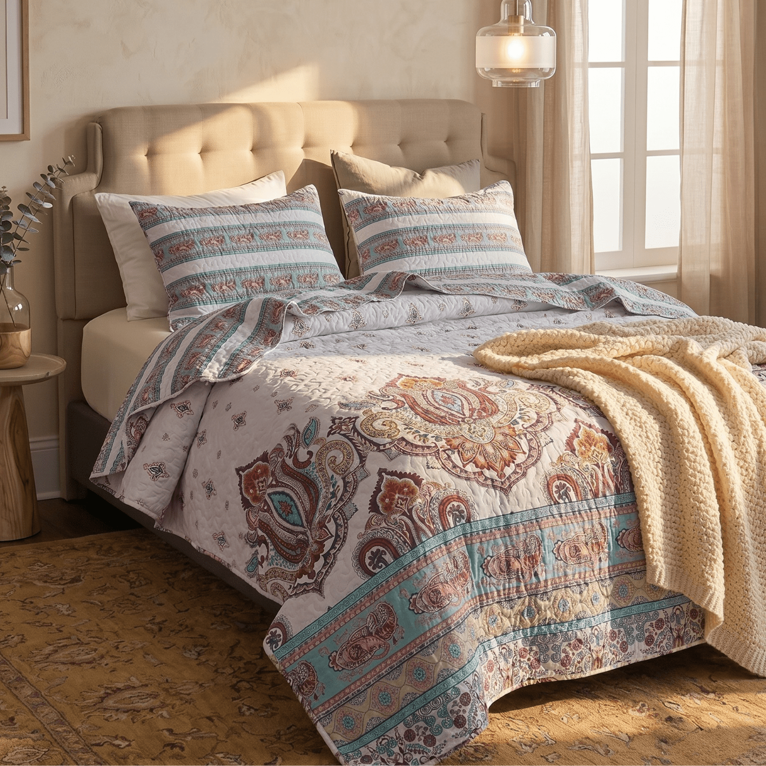 DaDa Bedding White Blue Floral Paisley Quilt Set