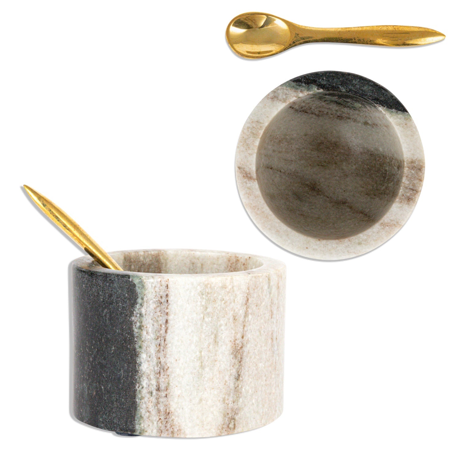 Marble salt cellar with brass spoon