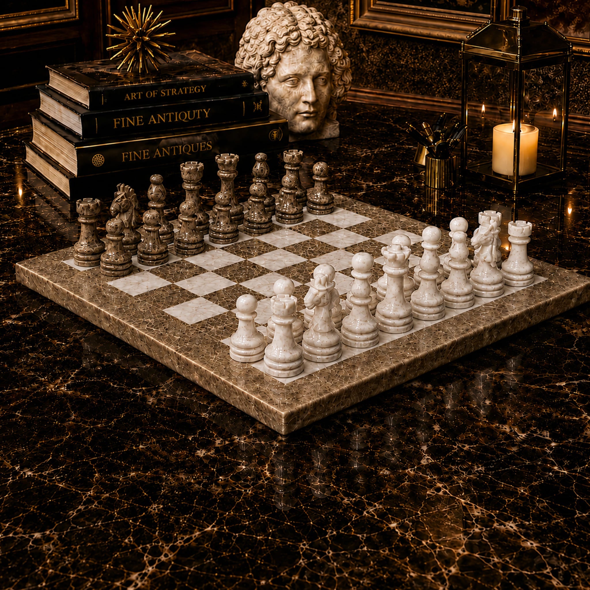 Grey Oceanic and White Marble Chess Set - 15 Inch Handcrafted Natural Stone