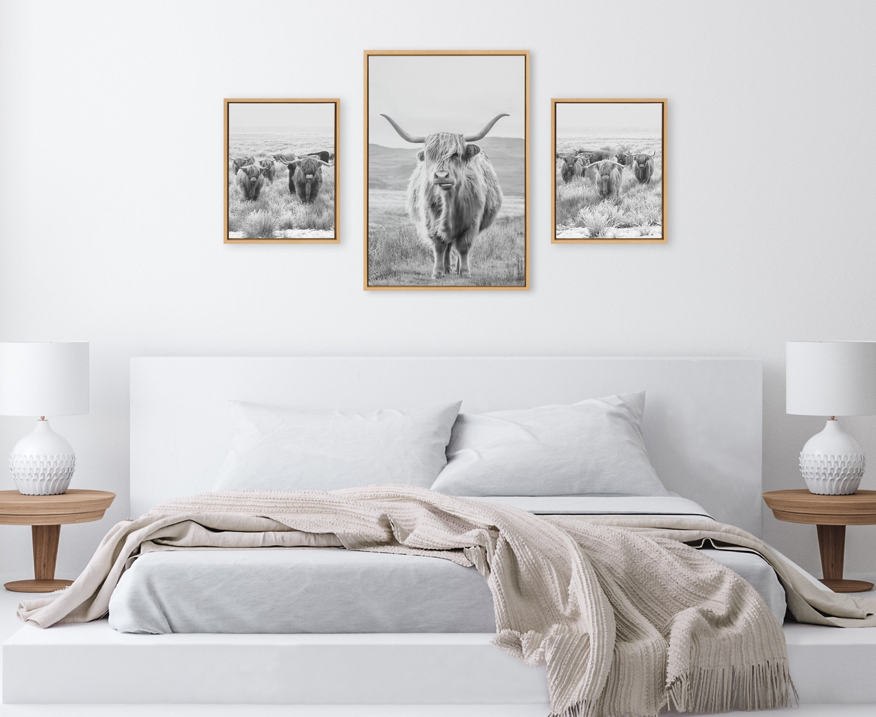 Sylvie Highland Cows Black & White 3-Piece Framed Canvas Art Set