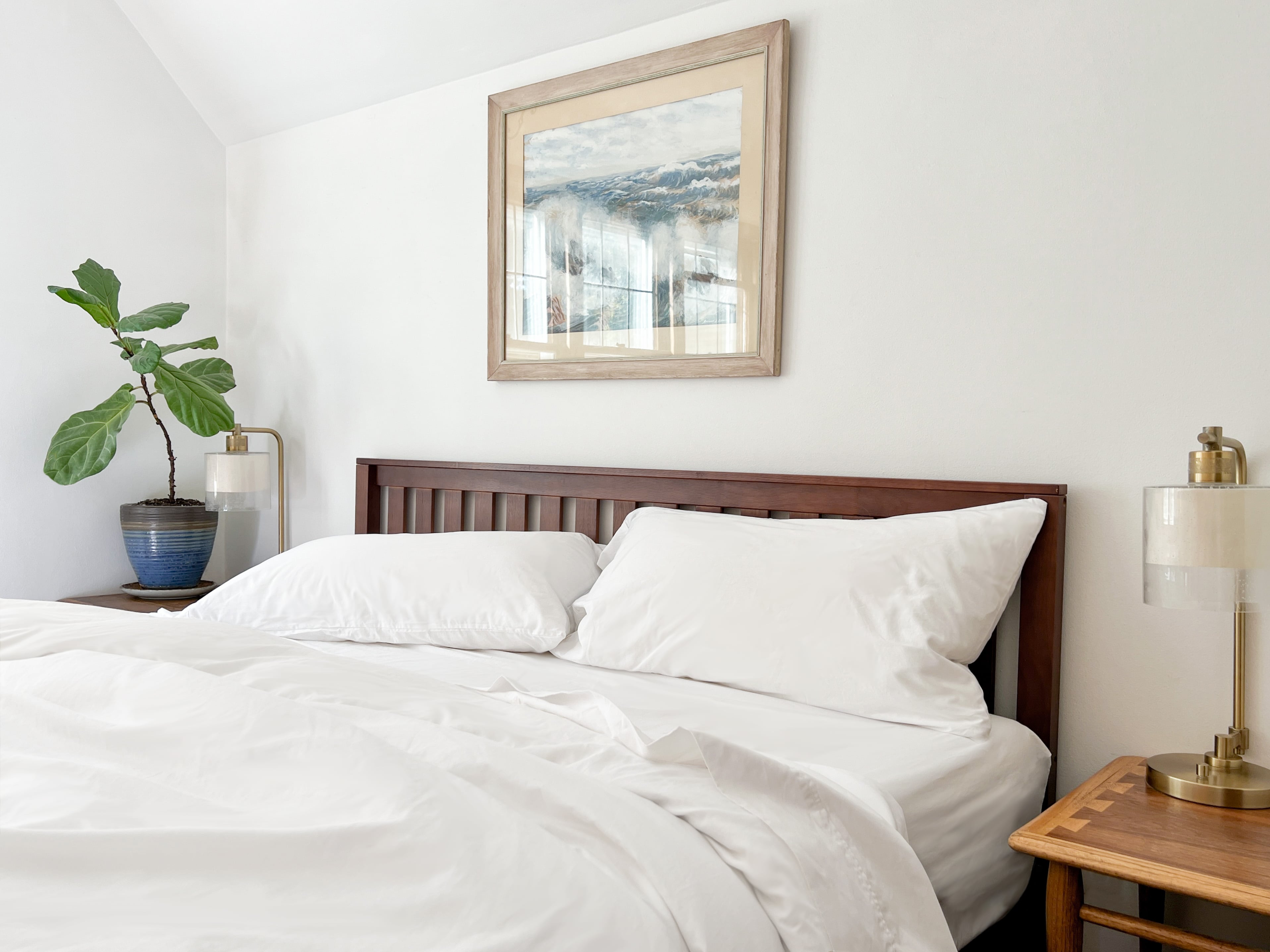 Pure white organic cotton percale sheets and pillows