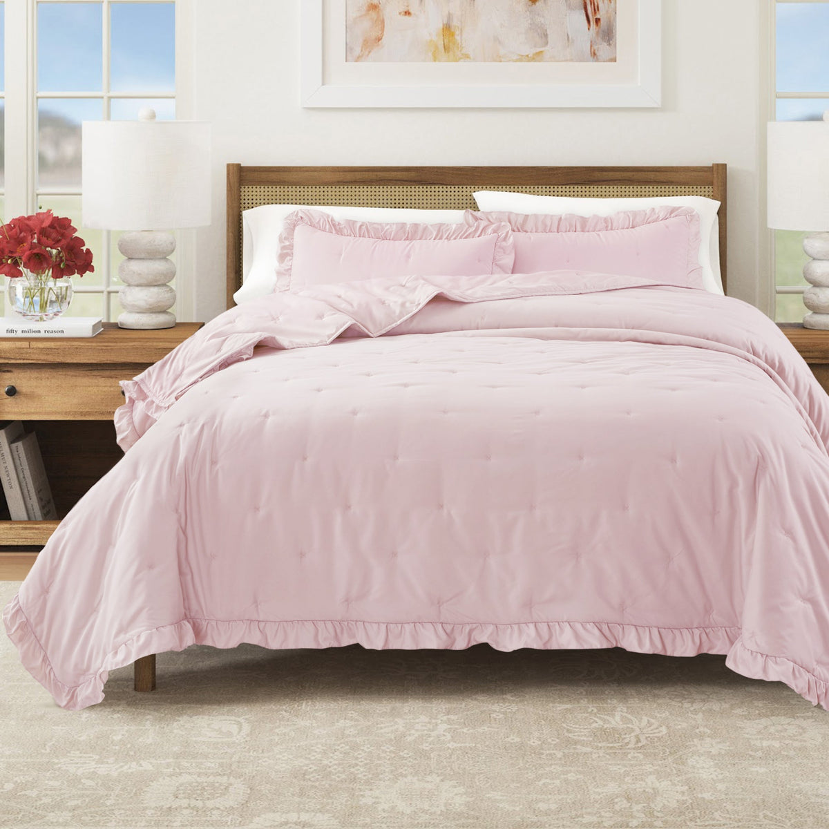 Dot Ruffled Stitched Quilt Set