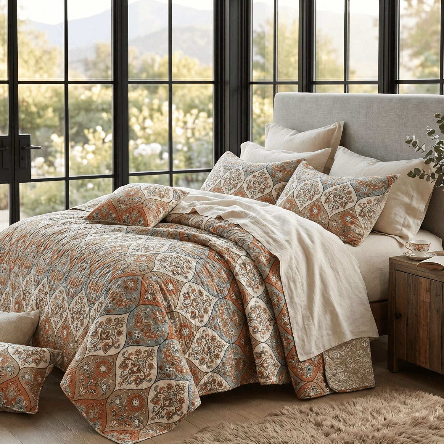 DaDa Bedding Bohemian Floral Paisley Garden Coral Teal Quilted Bedspread Set (LH1403)