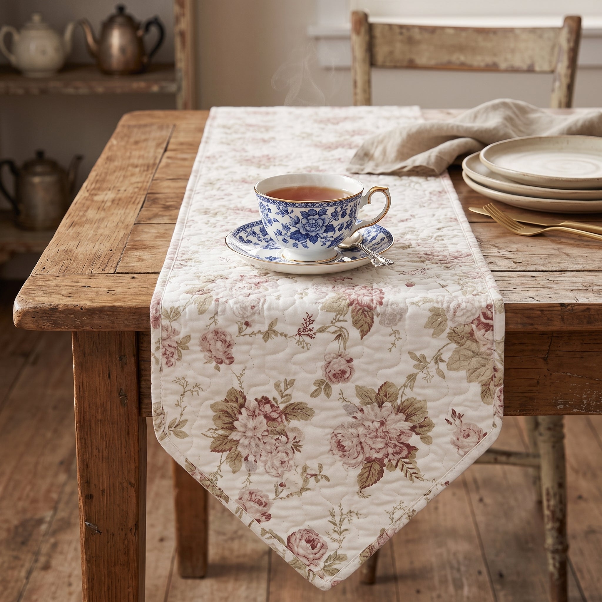 DaDa Bedding Hint of Mint Cottage Floral Roses Quilted Cotton Dining Table Runner (3036)