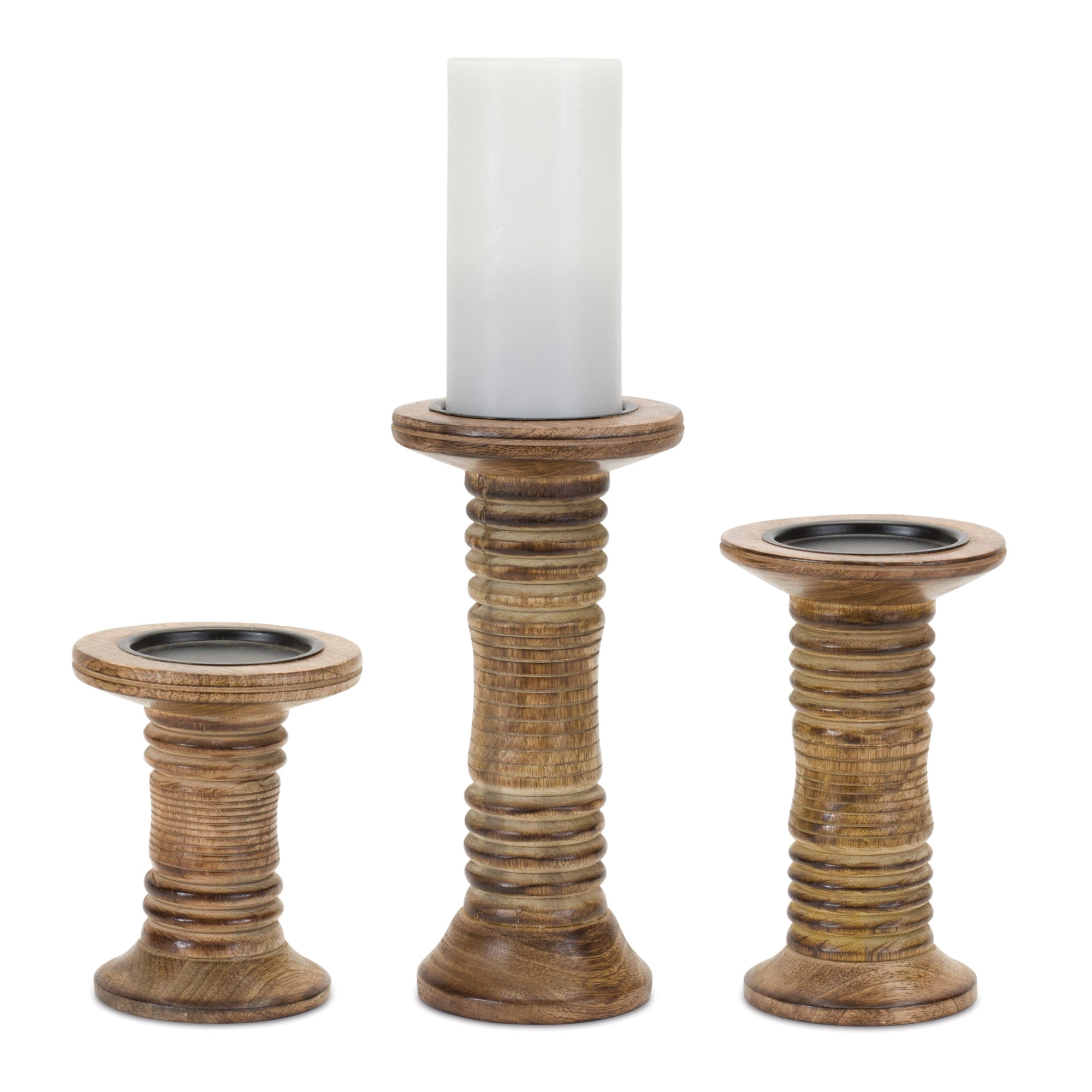 Ribbed wood pillar candle holder