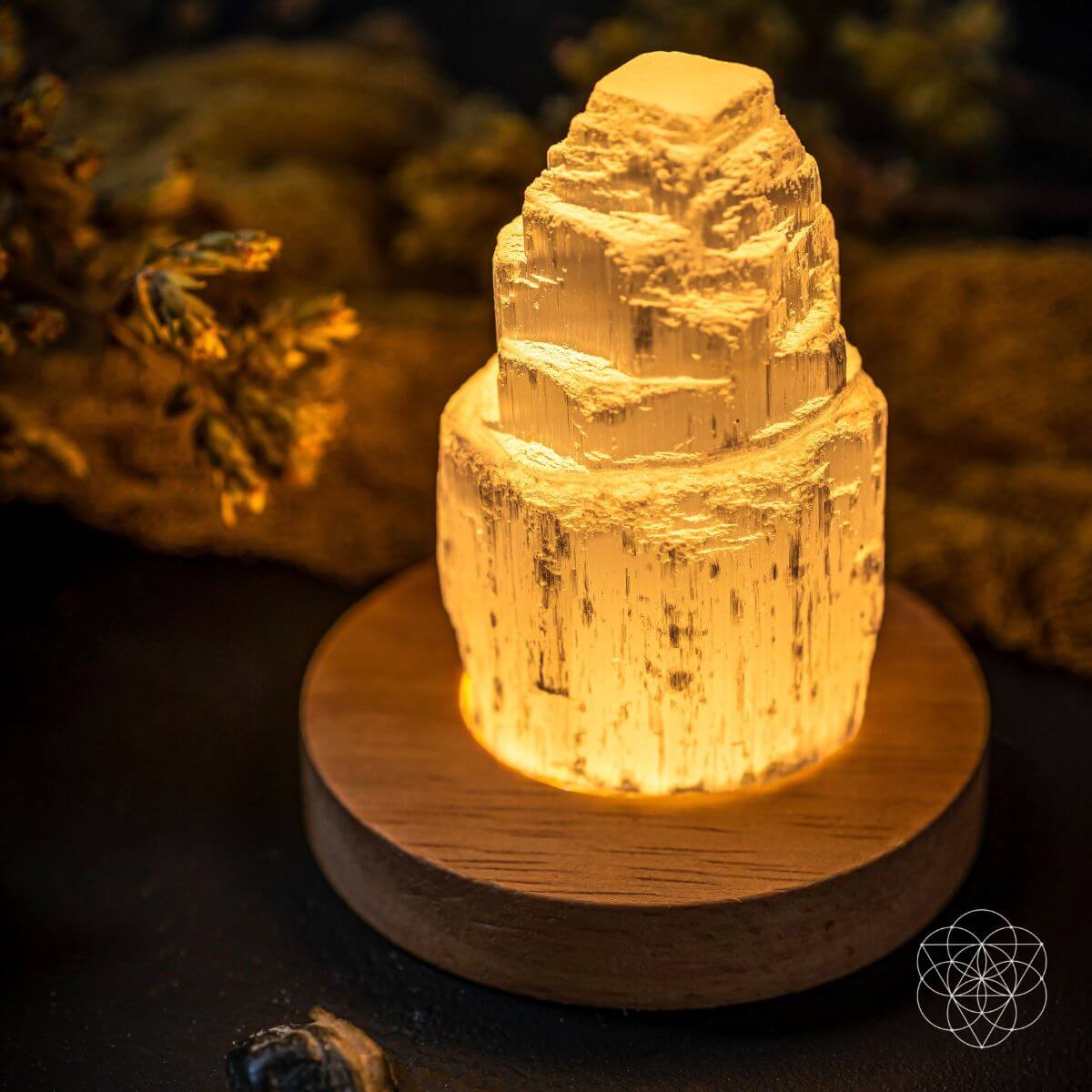 Selenite stone lamp softly illuminated