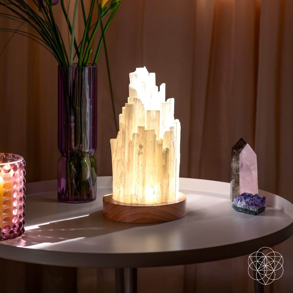 Selenite Accent Lamp with Walnut Base & Remote