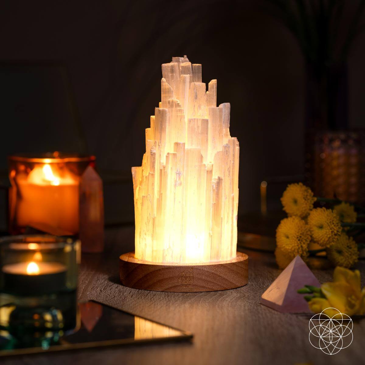 Selenite Accent Lamp with Walnut Base & Remote