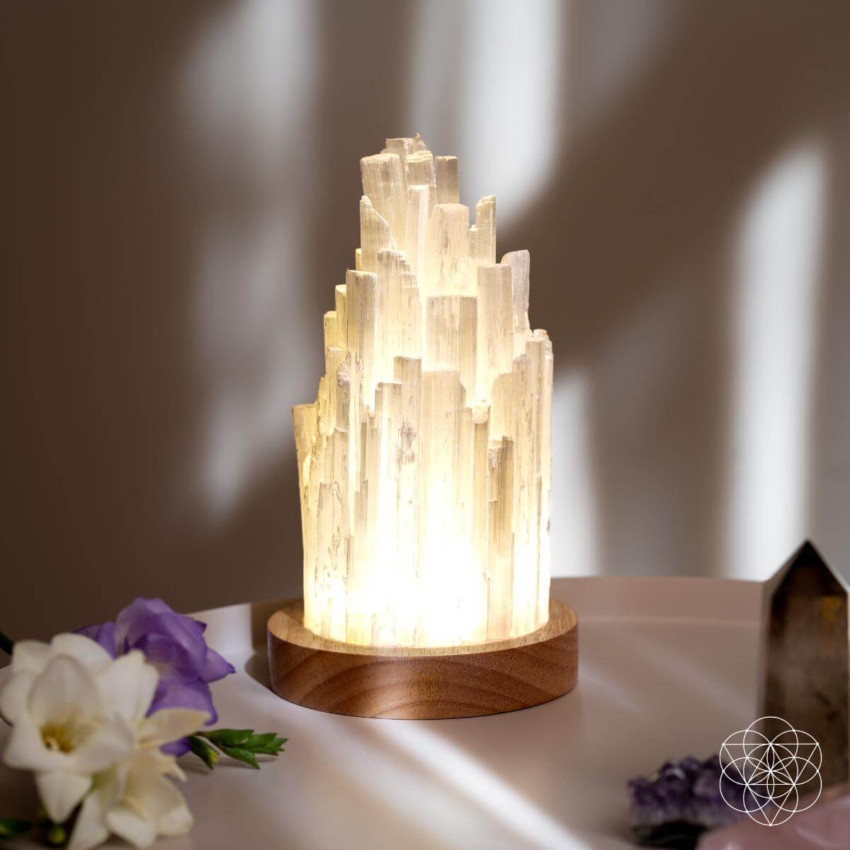 Selenite Accent Lamp with Walnut Base & Remote