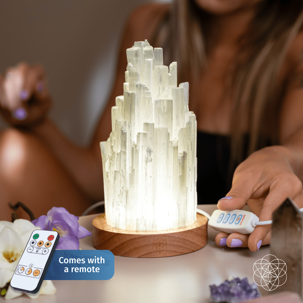 Selenite Accent Lamp with Walnut Base & Remote