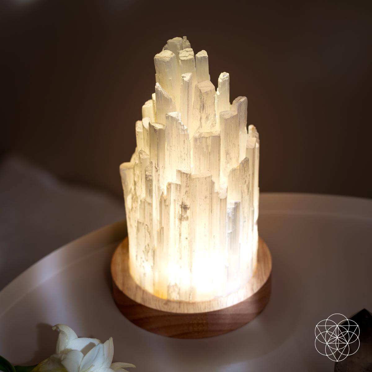 Selenite Accent Lamp with Walnut Base & Remote