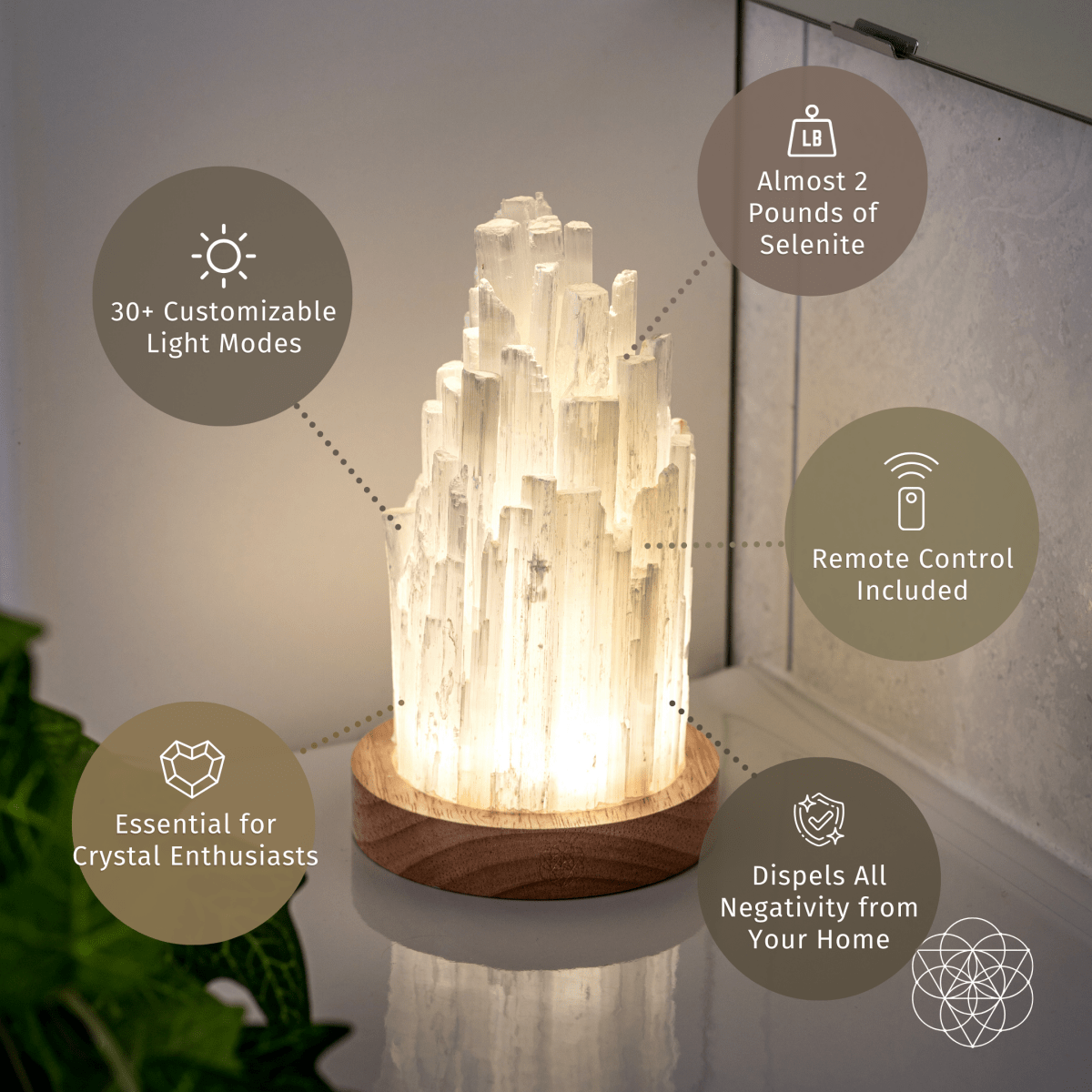 Selenite Accent Lamp with Walnut Base & Remote