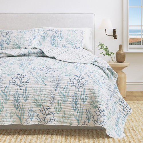 Amelia Island blue watercolor coral quilt set